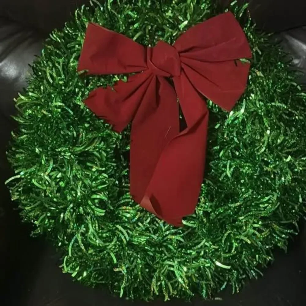 Green Tinsel Christmas Wreath with Red Bow